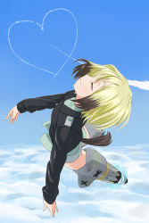 Rule 34 | 1girl, blonde hair, cloud, contrail, day, dog tail, erica hartmann, closed eyes, heart, highres, military, military uniform, multicolored hair, sanjou (weekly10), sky, solo, strike witches, striker unit, tail, uniform, weekly10, world witches series