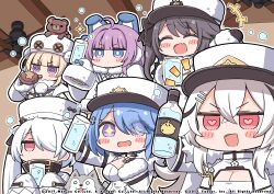 Rule 34 | 6+girls, @ @, anchor symbol, azur lane, black gloves, blonde hair, blue bow, blue eyes, blue hair, blunt bangs, bottle, bow, breasts, ceiling fan, chapayev (azur lane), chibi, cleavage, closed eyes, coat, crossed bangs, dog, drinking, fang, fur-trimmed coat, fur-trimmed sleeves, fur trim, gangut (azur lane), gloves, grozny (azur lane), hair between eyes, hair ornament, hair over one eye, hairclip, heart, heart-shaped pupils, holding, holding bottle, indoors, jitome, kiev (azur lane), large breasts, long hair, long sleeves, medium hair, multicolored hair, multiple girls, nejikirio, no nose, official art, open mouth, pamiat merkuria (azur lane), pink eyes, purple eyes, purple hair, skin fang, sleeves past fingers, sleeves past wrists, smile, sparkling eyes, squeans, streaked hair, symbol-shaped pupils, tashkent (azur lane), twintails, v-shaped eyebrows, white coat, white hair, white headwear