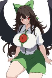 Rule 34 | 1girl, absurdres, bird wings, black bow, black wings, bow, breasts, closed mouth, collared shirt, commentary request, green skirt, hair bow, highres, large breasts, looking at viewer, moriforest1040, red eyes, reiuji utsuho, shirt, short sleeves, simple background, skirt, smile, solo, third eye, touhou, white background, white shirt, wings