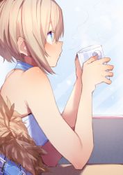 Rule 34 | 1girl, absurdres, bare shoulders, blanc (neptunia), blue eyes, brown hair, buran buta, coat, cup, dress, elbows on table, from side, fur-trimmed coat, fur trim, highres, holding, holding cup, indoors, looking up, medium hair, mug, neptune (series), off shoulder, snowing, solo, steam, upper body, white dress