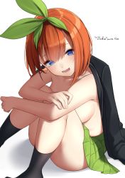 Rule 34 | 1girl, :d, black jacket, black socks, blue eyes, blush, breasts, commentary request, dated, feet out of frame, go-toubun no hanayome, green ribbon, green skirt, hair between eyes, hair ribbon, highres, hirota fruit, hugging own legs, jacket, jacket on shoulders, knees up, looking at viewer, medium breasts, nakano yotsuba, open mouth, orange hair, pleated skirt, ribbon, shadow, sitting, skirt, smile, socks, solo, topless, twitter username, white background