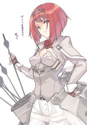 Rule 34 | 1girl, ark royal (kancolle), arrow (projectile), blue eyes, bob cut, breasts, brown gloves, cleavage, cleavage cutout, clothing cutout, corset, flower, gloves, holding, kantai collection, long sleeves, medium breasts, nakadori (movgnsk), pantyhose, red flower, red hair, red neckwear, red rose, rigging, rose, scowl, short hair, shorts, simple background, solo, tiara, translation request, white background, white corset, white pantyhose, white shorts