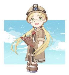 Rule 34 | 1girl, :d, bad id, bad proportions, bad twitter id, belt, blonde hair, blue sky, book, boots, brown gloves, cloud, coat, cowboy shot, cropped legs, day, from side, gloves, green eyes, headlamp, helmet, holding, long hair, looking at viewer, low twintails, made in abyss, open mouth, pen, riko (made in abyss), short shorts, short sleeves, shorts, sky, smile, solo, standing, twintails, whistle, whistle around neck, writing, yue (kingdom1259)