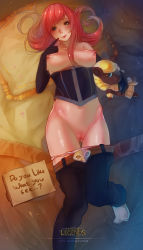 Rule 34 | 1girl, alternate costume, alternate hair color, alternate hairstyle, breasts, corset, elbow gloves, gloves, highres, large breasts, league of legends, nasus, nipples, panties, panty pull, pentakill (league of legends), pentakill sona, pointy breasts, puffy nipples, pussy, red hair, riot games, sona (league of legends), uncensored, underwear, unfairr