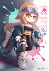 Rule 34 | 1girl, :q, absurdres, arknights, asymmetrical clothes, bandeau, bare shoulders, black bandeau, black pants, brown hair, commentary request, dog tags, eyewear on head, firewhistle (arknights), highres, holding, inkling, inkling player character, jacket, leggings, long sleeves, looking at viewer, midriff, nintendo, open clothes, open jacket, pants, shoes, single pantsleg, smile, sneakers, solo, splatoon (series), stomach, strapless, sunglasses, thigh strap, thighs, tongue, tongue out, tube top, w020309449, white footwear, yellow eyes