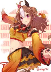 Rule 34 | 1girl, ahoge, animal ears, blush, breasts, brown hair, cleavage, closed mouth, copano rickey (umamusume), cowboy shot, crop top, detached sleeves, double bun, fang, hair bun, highres, horse ears, horse girl, horse tail, layered skirt, long hair, looking at viewer, midriff, multicolored clothes, multicolored hair, multicolored skirt, navel, outstretched arms, purple eyes, skin fang, skirt, small breasts, smile, sodemaru unagi, solo, spread arms, tail, tank top, thighhighs, twitter username, two-tone hair, umamusume