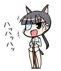 Rule 34 | 00s, 1girl, animal ears, bad id, bad pixiv id, chibi, eyepatch, laughing, lowres, nekoyama, sakamoto mio, solo, strike witches, swimsuit under clothes, world witches series