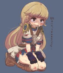 Rule 34 | 1girl, black eyes, blonde hair, blood, blood on clothes, blue background, boots, brown footwear, character request, copyright request, crying, crying with eyes open, female focus, gloves, injury, knee boots, nosebleed, ryona, seiza, shoulder pads, simple background, sitting, solo, tears, torn clothes, tsutsuji