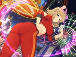 Rule 34 | 1girl, amusement park, ass, ass focus, black sports bra, blonde hair, blush, bow, breasts, carnival, carousel, closed mouth, curly hair, energy, fence, ferris wheel, green eyes, hair bow, haruka (senran kagura), horse, jacket, large breasts, light, light particles, looking at viewer, midriff, neon lights, night, night sky, official alternate costume, official art, outdoors, pants, pink bow, railing, roller coaster, saddle, senran kagura, senran kagura new link, senran kagura shoujo-tachi no shin&#039;ei, shiny skin, short hair, sky, smile, solo, sparkle, sports bra, star (sky), starry sky, string of flags, tent, test tube, torn clothes, torn jacket, torn pants, torn sleeves, torn sports bra, track jacket, track pants, track suit, vial, white horse, yaegashi nan