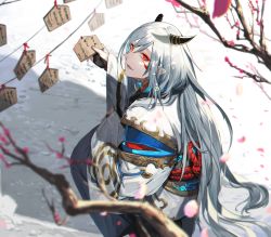 Rule 34 | 1boy, branch, cherry blossoms, commentary request, ema, from behind, hair between eyes, horns, japanese clothes, long hair, looking at viewer, looking back, male focus, nijisanji, official art, outdoors, parted lips, petals, pointy ears, red eyes, red rope, rope, sleeves past wrists, solo, squatting, umiyasha no kami, very long hair, virtual youtuber, white hair, wide sleeves, ysk (yusuke)