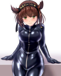 Rule 34 | 1girl, alternate costume, anchor symbol, arm support, black bodysuit, blush, bodysuit, breasts, brown hair, closed mouth, collarbone, cowboy shot, gradient background, green eyes, hachimaki, hair between eyes, hair flaps, hairband, hatsuzuki (kancolle), headband, highres, kantai collection, large breasts, lips, looking at viewer, shiny clothes, short hair, smile, solo, standing, support, turtleneck, zanntetu, zipper