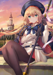 Rule 34 | 1girl, absurdres, artoria caster (fate), artoria caster (second ascension) (fate), artoria pendragon (fate), belt, black gloves, blonde hair, blue belt, blue bow, blue bowtie, blue cape, blue hat, bow, bowtie, brown pantyhose, buttons, cape, closed mouth, cloud, collared dress, commentary request, dress, fate/grand order, fate (series), floating hair, gloves, green eyes, hair between eyes, hat, highres, holding, holding staff, holding weapon, long hair, long sleeves, looking at viewer, orange sky, outdoors, pantyhose, sidelocks, sitting, sky, smile, solo, staff, thighs, torottye, twintails, very long hair, weapon, white dress