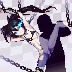 Rule 34 | 1boy, 1girl, animated, animated gif, asymmetrical hair, bikini, bikini top only, black hair, black rock shooter, black rock shooter (character), blinking, blue eyes, bottomless, censored, chain, checkered background, cum, ejaculation, flat chest, glowing, glowing eyes, hetero, lowres, navel, petite, pixel art, pussy, restrained, sb (coco1), scar, sex, silhouette, spread legs, swimsuit, tears, thigh grab, twintails