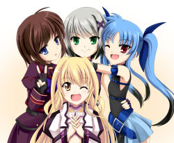 Rule 34 | 4girls, bare shoulders, belt bra, blonde hair, blue eyes, blue hair, brown hair, fang, fingerless gloves, gloves, green eyes, grey hair, hair ribbon, hug, kachuten, long hair, long sleeves, lyrical nanoha, mahou shoujo lyrical nanoha, mahou shoujo lyrical nanoha a&#039;s, mahou shoujo lyrical nanoha a&#039;s portable: the gears of destiny, lord dearche, levi the slasher, stern the destructor, multicolored hair, multiple girls, one eye closed, open mouth, own hands clasped, own hands together, puffy sleeves, red eyes, ribbon, short hair, smile, twintails, yuri eberwein, v, very long hair, wink, yellow eyes