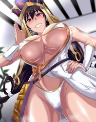 Rule 34 | 1girl, absurdres, areola slip, bikini, bikini top only, blush, bow, breasts, bridal gauntlets, brown hair, cleavage, earrings, fate/grand order, fate (series), from below, hair between eyes, hand on own hip, hat, highres, hoop earrings, indoors, jewelry, large breasts, puripuri jet, ring, smile, solo, swimsuit, thighs, underboob, white bikini, xuangzang sanzang (fate)