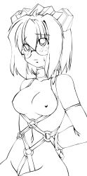 Rule 34 | 1girl, 2k-tan, 45acp, arms behind back, bdsm, bondage, bound, breasts, collar, glasses, greyscale, highres, long image, medium breasts, monochrome, nipples, nude, os-tan, solo, tall image