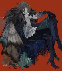 Rule 34 | 1boy, arthropod boy, artist name, black hair, blue eyes, cape, collared shirt, crown, diamond hairband, dragonfly wings, fate/grand order, fate (series), full body, fur-trimmed cape, fur trim, insect wings, long sleeves, looking at viewer, male focus, medium hair, oberon (fate), oberon (third ascension) (fate), red background, shirt, simple background, solo, surume (su1193), white shirt, wings