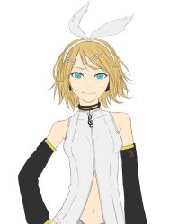 Rule 34 | 1girl, blonde hair, blue eyes, bow, breasts, choker, commentary request, detached sleeves, dress, hair bow, hair ornament, hairclip, hand on own hip, highres, kagamine rin, kagamine rin (append), looking at viewer, navel, short hair, simple background, small breasts, smile, solo, standing, sugi 214, treble clef, upper body, vocaloid, vocaloid append, white background, white dress, unfinished