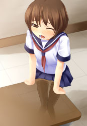 Rule 34 | 1girl, brown eyes, brown hair, classroom, clothed masturbation, crotch rub, dokuo, female masturbation, flat chest, from above, highres, masturbation, one eye closed, open mouth, original, pussy juice, school, school uniform, serafuku, short hair, solo, sweat, table, table humping, thighhighs, wink, x-ray