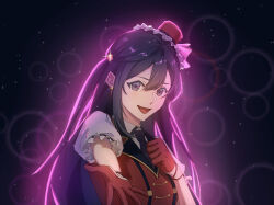 Rule 34 | 1girl, aura, black hair, chase! (love live!), commentary request, dark background, earrings, gloves, grey eyes, hair ornament, hand on own chest, hat, highres, jewelry, long hair, looking at viewer, love live!, love live! nijigasaki high school idol club, one side up, qipao shui, reaching, reaching towards viewer, red gloves, sidelocks, solo, star (symbol), starry background, upper body, yuki setsuna (love live!)