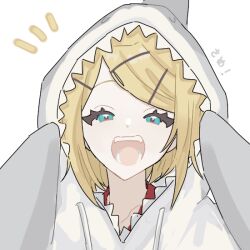 Rule 34 | 0211nami, 1girl, animal costume, blonde hair, blue eyes, hairpin, hood, hood up, hoodie, kagamine rin, motion lines, multiple hairpins, open mouth, portrait, shark costume, simple background, smile, solo, translated, vocaloid, white background