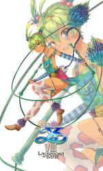 Rule 34 | 1girl, bare shoulders, dark skin, dark-skinned female, earrings, falcom, female focus, flat chest, green hair, hair ornament, highres, jewelry, long hair, looking at viewer, necklace, open mouth, ricotta (ys), shoes, smile, solo, thighhighs, twintails, weapon, yellow eyes, ys, ys viii lacrimosa of dana