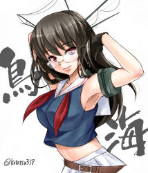 Rule 34 | 10s, 1girl, belt, black gloves, breasts, brown hair, character name, choukai (kancolle), glasses, gloves, hair ornament, kantai collection, koyuki (kotatsu358), large breasts, long hair, looking at viewer, midriff, pleated skirt, red eyes, rimless eyewear, skirt, solo, translated