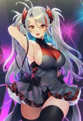 Rule 34 | 1girl, alternate costume, antenna hair, arm behind head, armpits, azur lane, blush, breasts, brown eyes, cross, dress, hair between eyes, headgear, highres, idol, iron cross, large breasts, long hair, looking at viewer, maitei roppa, mole, mole on breast, multicolored hair, open mouth, prinz eugen (azur lane), red hair, sideboob, silver hair, sleeveless, sleeveless dress, smile, solo, streaked hair, thighhighs, thighs, two side up, very long hair