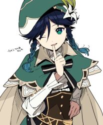 Rule 34 | 1boy, beret, black bow, black bowtie, blue hair, bow, bowtie, braid, brown corset, buttons, cape, collared cape, collared shirt, corset, dark blue hair, flower, genshin impact, gradient hair, green cape, green eyes, green hat, h02515419, hair between eyes, hand on own hip, hand up, hat, hat flower, hat ornament, leaf, leaf hat ornament, long sleeves, looking at viewer, male focus, multicolored hair, one eye closed, open mouth, puffy long sleeves, puffy sleeves, shirt, short hair, simple background, smile, solo, standing, striped bow, striped bowtie, striped clothes, tongue, translation request, twin braids, venti (genshin impact), white background, white flower, white shirt