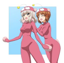 Rule 34 | 2girls, anglerfish costume, blue eyes, blush, bodysuit, breasts, brown hair, closed eyes, girls und panzer, hands on another&#039;s shoulders, highres, itsumi erika, key (gaigaigai123), large breasts, multiple girls, nishizumi miho, open mouth, pink bodysuit, short hair, simple background, smile, white hair