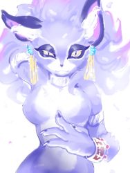 Rule 34 | 1girl, alternate form, animal ears, armlet, bracelet, breasts, cat ears, cat girl, claws, colored sclera, earrings, fangs, furry, isabella (seiken densetsu 3), jewelry, no nipples, painting (medium), purple fur, purple hair, seiken densetsu, seiken densetsu 3, slit pupils, t4x88, traditional media, watercolor (medium), yellow sclera