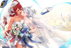 Rule 34 | 2girls, ahoge, bit (gundam), bouquet, bridal veil, closed eyes, commentary request, dress, feathers, flower, grey hair, gundam, gundam suisei no majo, highres, kiss, long hair, low ponytail, miorine rembran, mitsu (tendou itsuki), multiple girls, red hair, smile, suletta mercury, thick eyebrows, veil, wedding dress, white feathers, wife and wife, yuri