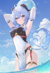Rule 34 | 1girl, 6u (eternal land), adapted costume, ahoge, armpits, arms behind head, arms up, ball, bare shoulders, beachball, bell, bikini, black bikini, blue hair, breasts, cloud, covered navel, cowbell, day, detached sleeves, ganyu (genshin impact), genshin impact, goat horns, holding, horns, large breasts, long hair, looking at viewer, low ponytail, outdoors, pelvic curtain, see-through, solo, standing, swimsuit, thigh strap, thighs, very long hair, vision (genshin impact), wading, water, wet, wet clothes, wet swimsuit