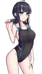 Rule 34 | 1girl, bare shoulders, black hair, black one-piece swimsuit, blue eyes, blush, breasts, closed mouth, collarbone, competition swimsuit, covered navel, elfenlied22, fate/requiem, fate (series), highleg, highleg swimsuit, large breasts, looking at viewer, medium hair, multicolored hair, one-piece swimsuit, pink hair, sidelocks, smile, solo, streaked hair, swimsuit, thighs, utsumi erice