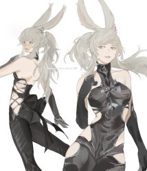 Rule 34 | 1girl, animal ears, back, back bow, bare shoulders, black bow, black gloves, bow, closed mouth, cosplay, earrings, elbow gloves, eyeshadow, final fantasy, final fantasy xiv, gloves, grey background, grey eyes, grey eyeshadow, grey hair, half-closed eyes, highres, jewelry, lanhacy, long hair, makeup, mole, mole under mouth, multiple views, omega-f, omega-f (cosplay), omega (final fantasy), parted lips, patreon username, ponytail, rabbit ears, simple background, single earring, smile, turtleneck, viera, warrior of light (ff14)