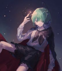 Rule 34 | 1girl, androgynous, antennae, arthropod girl, cape, gradient background, green eyes, green hair, grey background, isshin (kaxz), looking at viewer, pumpkin pants, short hair, simple background, smile, solo, touhou, wriggle nightbug
