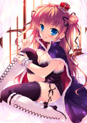 Rule 34 | 1girl, :q, bad id, bad pixiv id, blue eyes, boots, breasts, brown hair, cape, capelet, choker, cleavage, cropped, cross-laced footwear, crown, curtains, demon tail, double bun, frills, hair bun, hair ribbon, highres, knee boots, lace-up boots, looking at viewer, mikeou, no panties, original, purple thighhighs, ribbon, sitting, solo, tail, thighhighs, tongue, tongue out, two side up, window