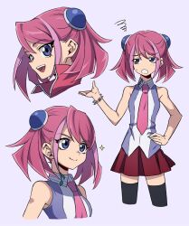 Rule 34 | 1girl, bare shoulders, black thighhighs, blue eyes, bracelet, dress, hair between eyes, hand on own hip, hiiragi yuzu, jewelry, looking at viewer, multiple views, necktie, open mouth, pink hair, pink necktie, pira 811, skirt, sleeveless, sleeveless dress, smile, solo, teeth, thighhighs, twintails, upper teeth only, yu-gi-oh!, yu-gi-oh! arc-v
