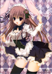 Rule 34 | 1girl, :d, absurdres, animal ears, argyle, argyle background, argyle clothes, black thighhighs, blush, brown hair, contrapposto, cowboy shot, dress, highres, inugami kira, long hair, looking at viewer, maid headdress, open mouth, purple eyes, rabbit ears, scan, simple background, smile, solo, standing, thighhighs, underbust, very long hair, zettai ryouiki