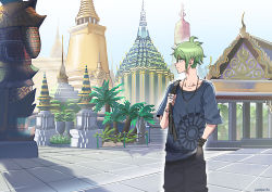 Rule 34 | 1boy, amami rantaro, antenna hair, architecture, artist name, building, closed mouth, collarbone, cowboy shot, danganronpa (series), danganronpa v3: killing harmony, day, green eyes, green hair, hand in pocket, highres, holding strap, jewelry, kuangtai (amami ryoko), looking to the side, male focus, necklace, outdoors, pale skin, pants, plant, print shirt, ring, shirt, short hair, sleeves past elbows, smile, solo, statue, striped clothes, striped shirt, thumb ring, tree