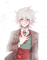 Rule 34 | 1boy, alternate costume, blush, brown jacket, cherry blossoms, collared shirt, commentary request, danganronpa (series), danganronpa 2: goodbye despair, green sweater, grey eyes, grey hair, gwanlamcha, hair between eyes, hand on own chest, highres, jacket, komaeda nagito, long sleeves, looking at viewer, lower teeth only, male focus, necktie, parted lips, petals, red necktie, red sweater, school uniform, shirt, short hair, simple background, solo, striped clothes, striped sweater, sweatdrop, sweater, teeth, upper body, white background, white shirt