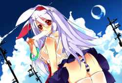 Rule 34 | 1girl, animal ears, bracelet, breasts, cameltoe, cloud, crescent moon, day, dutch angle, female focus, food, from behind, jewelry, looking at viewer, looking back, medium breasts, moon, nipples, panties, popsicle, rabbit ears, red eyes, reisen udongein inaba, see-through, sexually suggestive, shirokitsune, sky, solo, striped clothes, striped panties, thighhighs, touhou, underwear, utility pole, wet, wet clothes, white thighhighs
