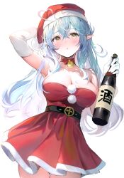 Rule 34 | 1girl, :t, absurdres, arm behind head, blue hair, blush, bottle, breasts, cleavage, cowboy shot, dress, elbow gloves, elf, gloves, hair between eyes, hat, highres, holding, holding bottle, hololive, large breasts, long hair, looking at viewer, pointy ears, red dress, santa hat, scan, solo, standing, strapless, strapless dress, umibouzu (niito), virtual youtuber, white gloves, yellow eyes, yukihana lamy