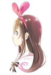Rule 34 | 1girl, black bow, blue eyes, bow, brown hair, closed mouth, commentary request, hair ribbon, hairband, kizuna ai, kizuna ai inc., long hair, looking away, multicolored hair, pink hair, pink hairband, pink ribbon, portrait, profile, ribbon, sailor collar, simple background, solo, streaked hair, striped, striped bow, translation request, virtual youtuber, white background, white sailor collar, yuuzii