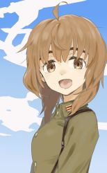 Rule 34 | 1girl, ahoge, brown eyes, brown hair, buttons, cloud, commentary request, homare (homaredai), inufusa yuno, looking at viewer, military, military uniform, open mouth, short hair, smile, solo, uniform, upper body, world witches series