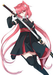 Rule 34 | 1girl, animal ear fluff, animal ears, bare shoulders, black dress, black thighhighs, commentary request, commission, detached sleeves, dress, fox ears, fox girl, hair between eyes, highres, holding, holding sheath, holding sword, holding weapon, katana, leg up, long hair, looking at viewer, original, pink hair, red eyes, sandals, sheath, sidelocks, simple background, skeb commission, solo, sumishi (sumisi 3), sword, tabi, thighhighs, unsheathing, weapon, white background, zouri