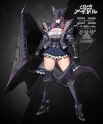 Rule 34 | 1girl, :&lt;, armor, black corset, black thighhighs, blue skirt, breasts, cleavage, cleavage cutout, clothing cutout, corset, detached sleeves, frown, full body, gauntlets, greaves, helmet, high heels, highres, holding, holding pickaxe, holding sword, holding weapon, horns, jewelry, kamitoge supino, large breasts, necklace, original, pickaxe, pink eyes, pink hair, purple hair, purple sweater, skindentation, skirt, solo, sweater, sword, thick thighs, thighhighs, thighs, weapon