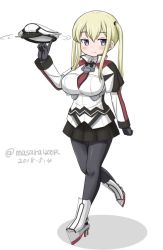 Rule 34 | 1girl, black gloves, black neckwear, black pantyhose, black skirt, blonde hair, breasts, capelet, celtic knot, cross, dated, full body, gloves, graf zeppelin (kancolle), grey eyes, hair between eyes, hat, iron cross, kantai collection, large breasts, masara (chuujou), military, military hat, military uniform, miniskirt, pantyhose, peaked cap, pleated skirt, sidelocks, simple background, skirt, solo, twintails, twirling hat, twitter username, uniform, unworn hat, unworn headwear, walking, white background, white hat