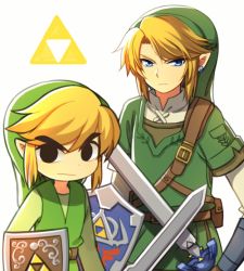 Rule 34 | 2boys, black eyes, blonde hair, blue eyes, earrings, hat, holding, holding shield, holding sword, holding weapon, hylian shield, jewelry, link, male focus, master sword, multiple boys, nintendo, pointy ears, pouch, serious, shield, sword, the legend of zelda, the legend of zelda: skyward sword, the legend of zelda: the wind waker, toon link, triforce, tunic, weapon, wusagi2