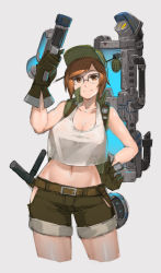 Rule 34 | 1girl, belt, black-framed eyewear, breasts, brown eyes, brown hair, cleavage, closed mouth, collarbone, cosplay, cowboy shot, crop top, crop top overhang, explosive, female focus, fio germi, fio germi (cosplay), glasses, gloves, green gloves, green shorts, grenade, grenade hair ornament, hair ornament, hair stick, hand on own hip, hat, highres, large breasts, looking at viewer, matching hair/eyes, mei (overwatch), metal slug, midriff, navel, nipples, no bra, overwatch, overwatch 1, red hair, robot, see-through, shirt, short hair, shorts, simple background, sketch, sky of morika, sleeveless, sleeveless shirt, smile, snowball (overwatch), solo, standing, tank (container), tank top, white background, white shirt